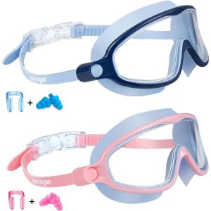 imageSeago Swim Goggles 2 Pack AntiFog AntiUV Wide View Swimming Goggles for Kids 314Blue  Pink