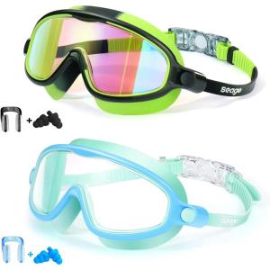 imageSeago Swim Goggles 2 Pack AntiFog AntiUV Wide View Swimming Goggles for Kids 314Light Blue  BlackGreen